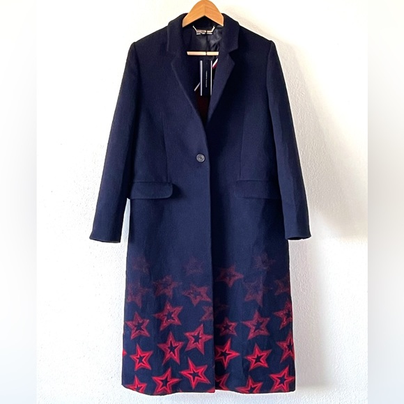 Tommy Hilfiger Norma Jacquard Blue Red Stars Wool Blend Long Coat Size 10 NWT - Picture 4 of 15